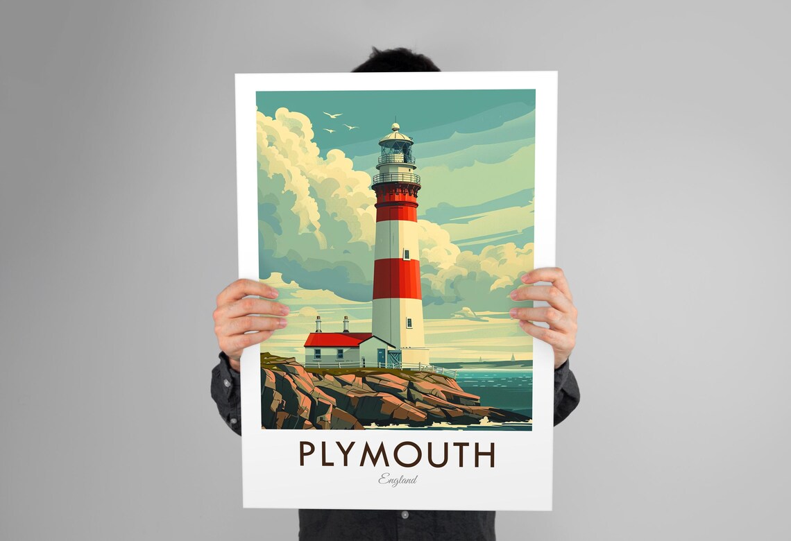 Plymouth England Striped Lighthouse Rocky Coast Vintage Travel Poster - Image 3
