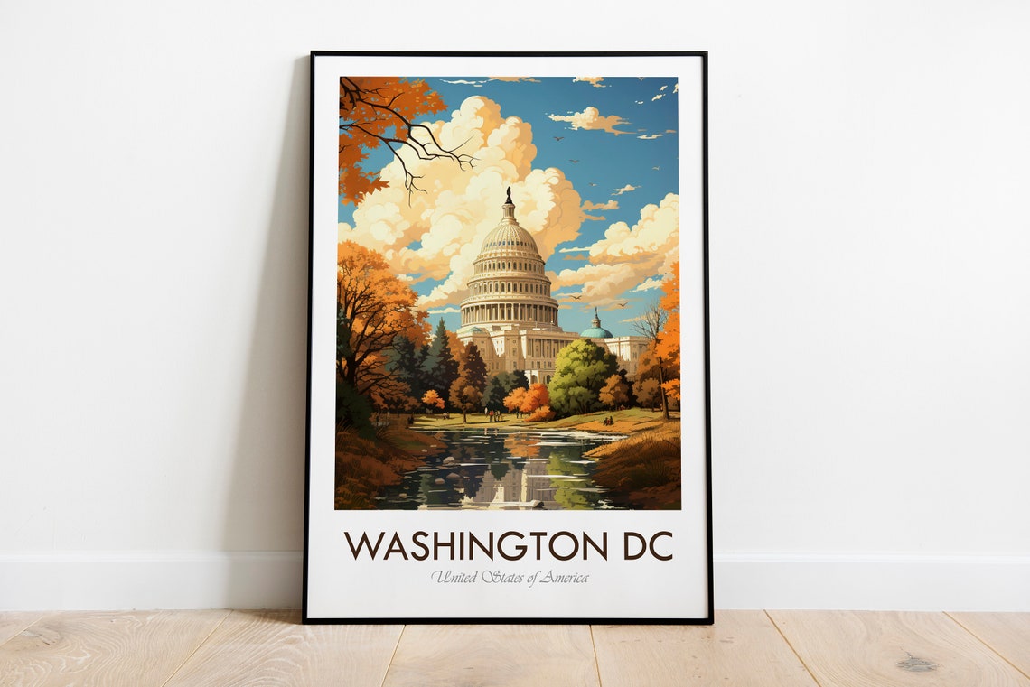 Washington DC Capitol Dome Autumn Pond Reflection Vintage Poster