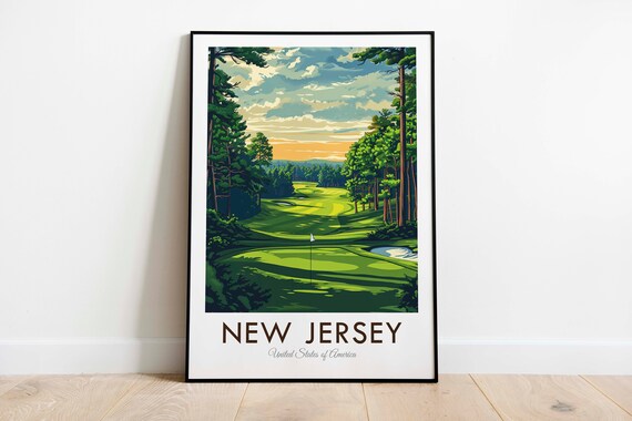 New Jersey Golf Course New York Skyline Usa Vintage Style Travel Print Wall Art Home Decor Wall Hanging Art Lover Gift Decor