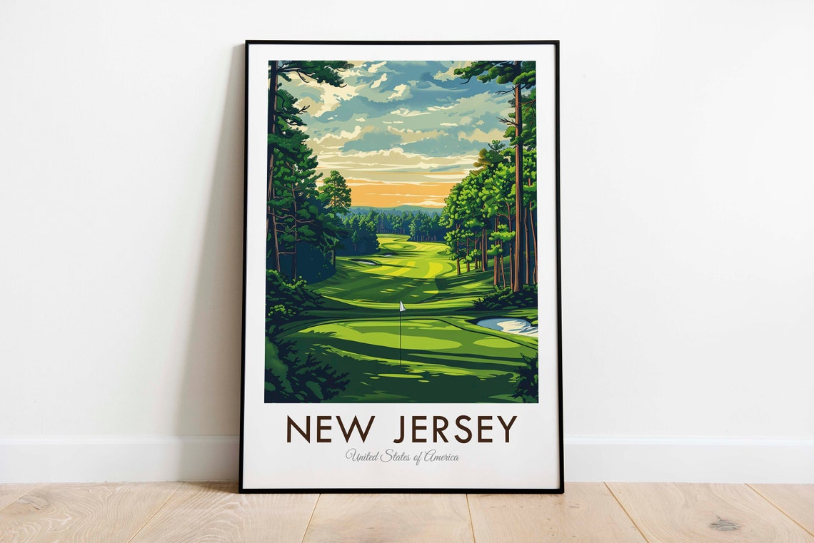 New Jersey Golf Course Sunset Flagstick Vintage American Travel Poster