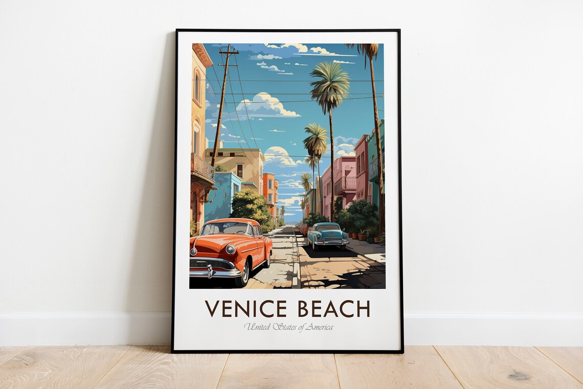 Venice Beach Classic Cars Palm Lined Street Vintage Travel Poster