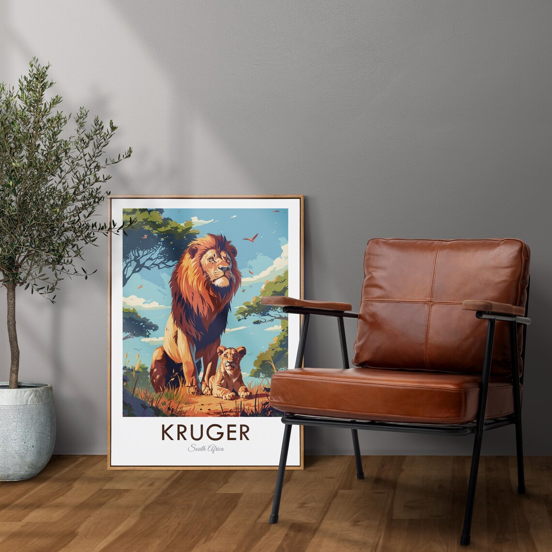 Kruger South Africa Vintage Lion and Cub Safari Wildlife Travel Poster - Image 2