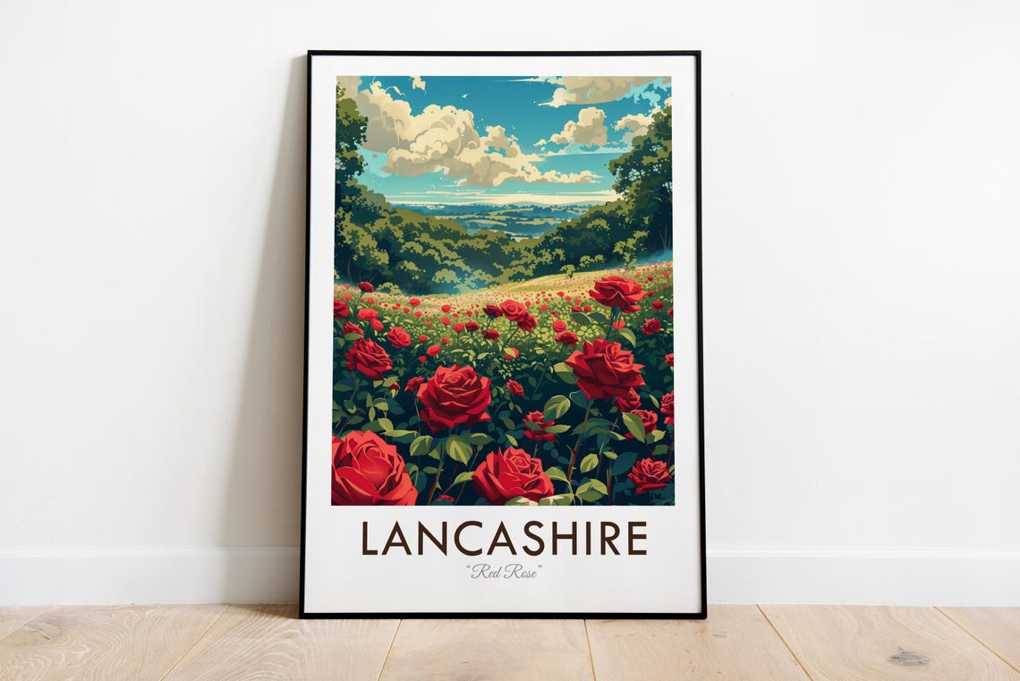Lancashire England Red Rose Field Hills Vintage Style Travel Poster - Image 3