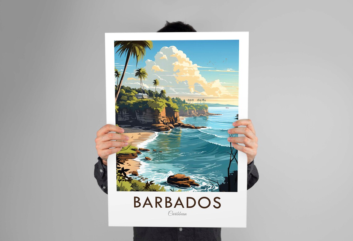 Barbados Caribbean Tropical Coastline Palm Beach Waves Vintage Art Poster - Image 3
