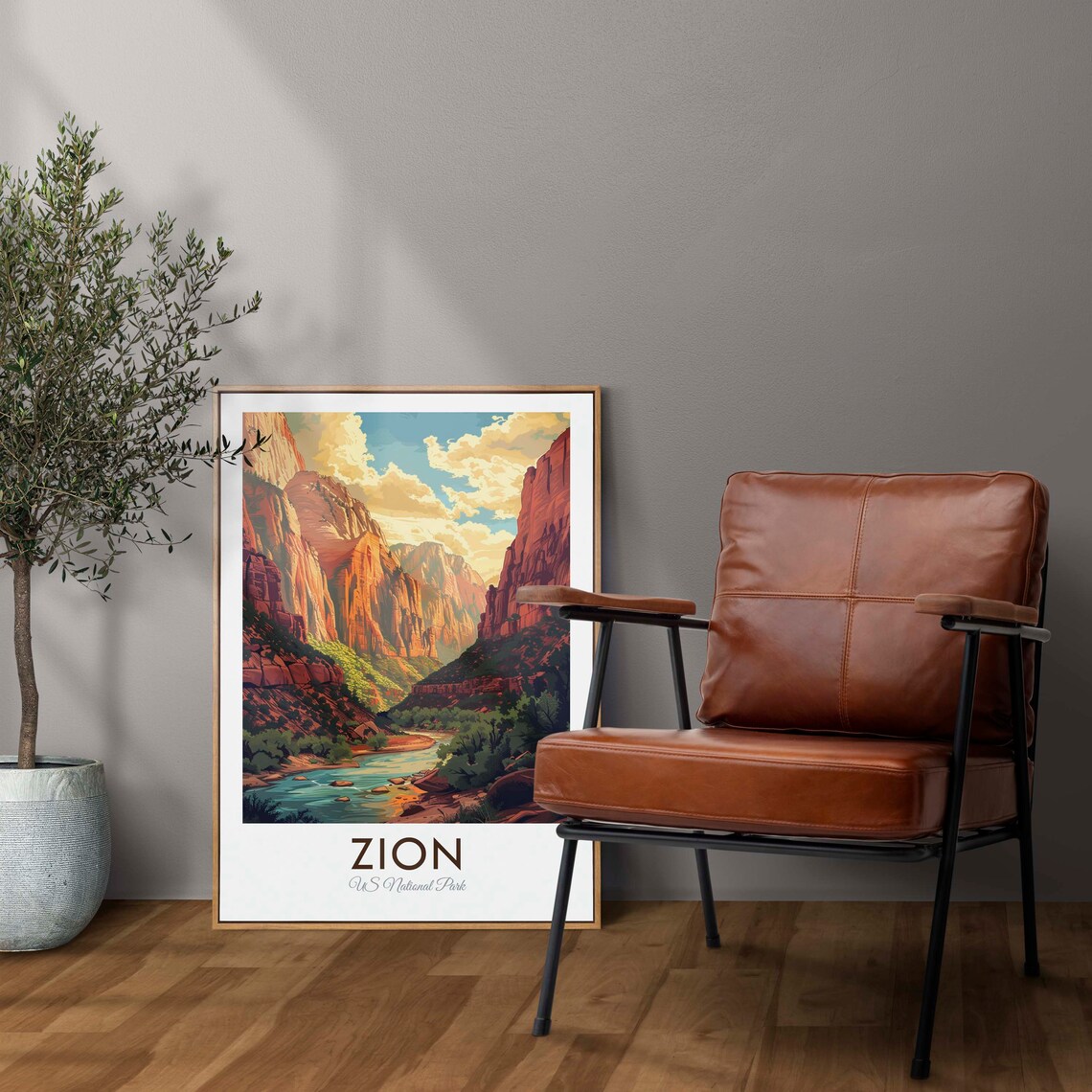 Zion National Park Red Canyon Walls River Bend Golden Light Travel Poster - Image 3