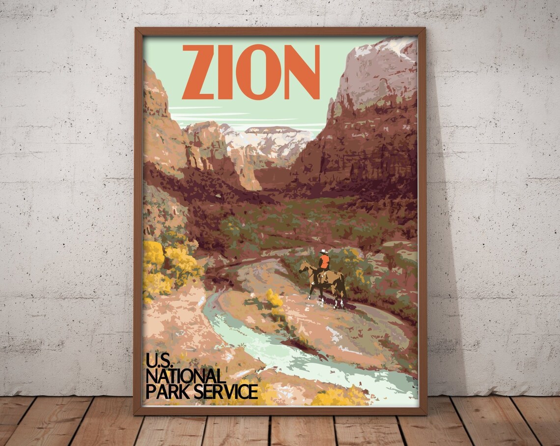 Zion National Park Vintage Travel Poster, Utah Print