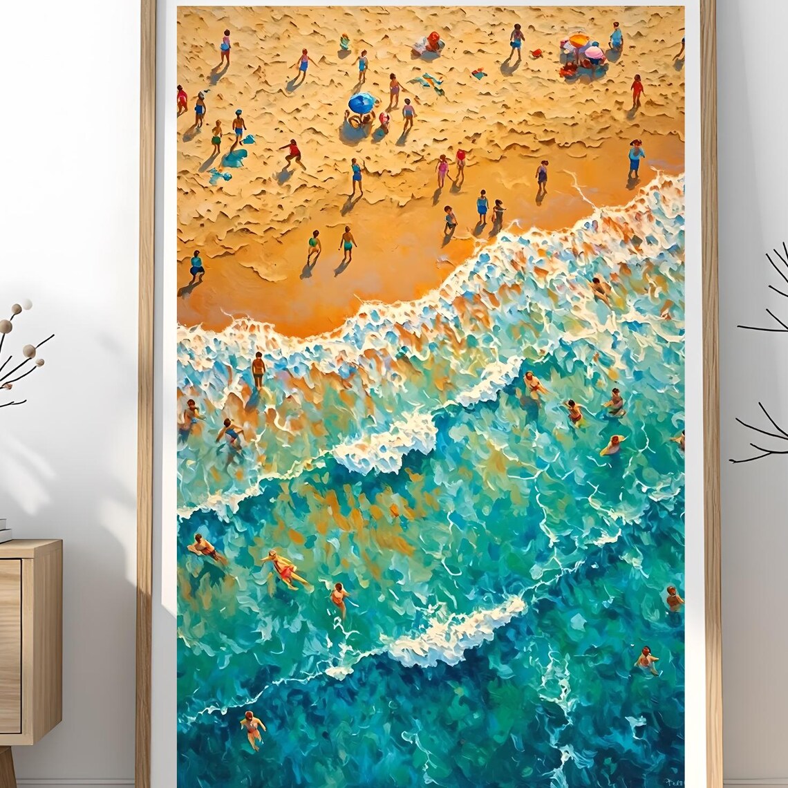 Aerial Beach Swimmers Turquoise Waves Summer Ocean Painting Poster