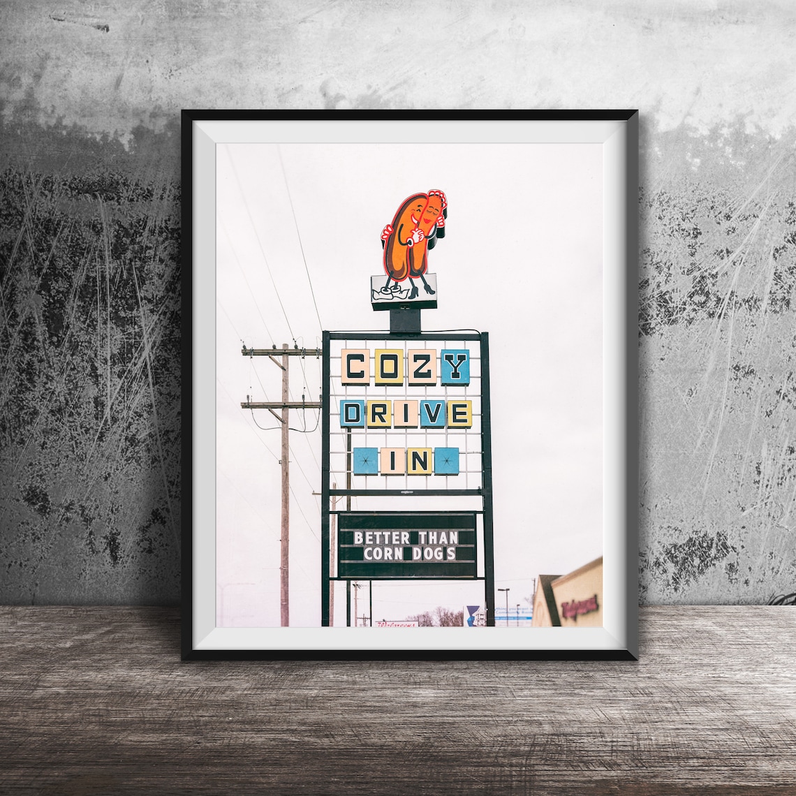Cozy Drive In Vintage Sign With Hot Dog Mascots And Slogan Poster