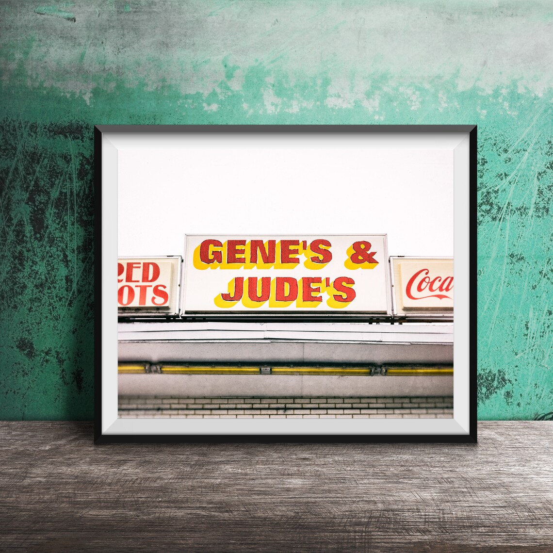 Gene's and Jude's Hot Dogs Red And Yellow Roadside Sign Poster