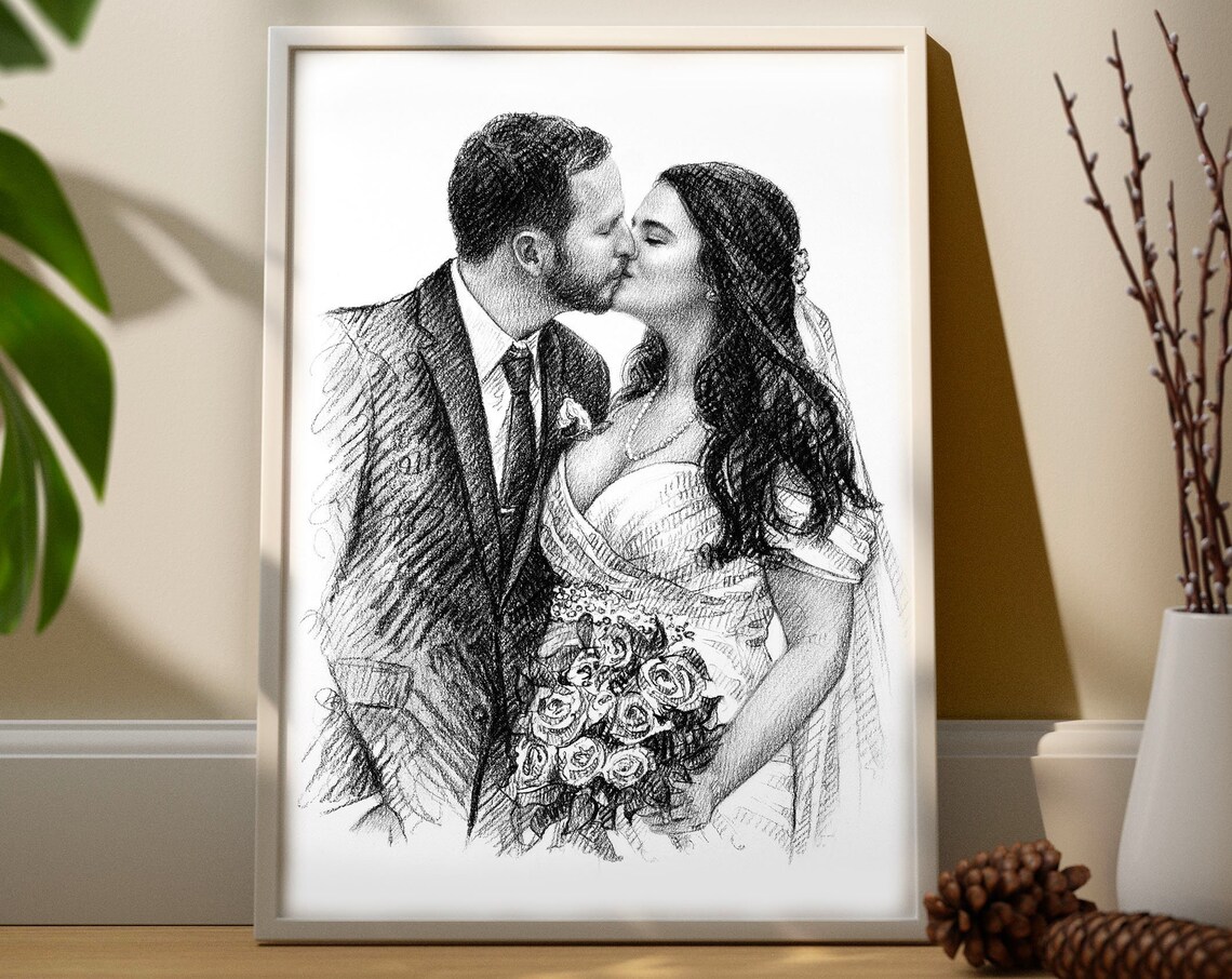 Bride and Groom Kissing Wedding Bouquet Charcoal Portrait Poster