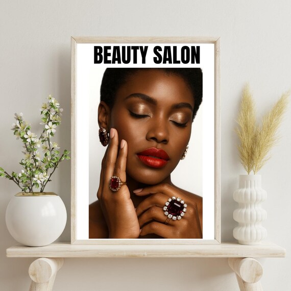 Beauty Salon Glamour Portrait Wall Art Framed Red Lipstick Jewelry