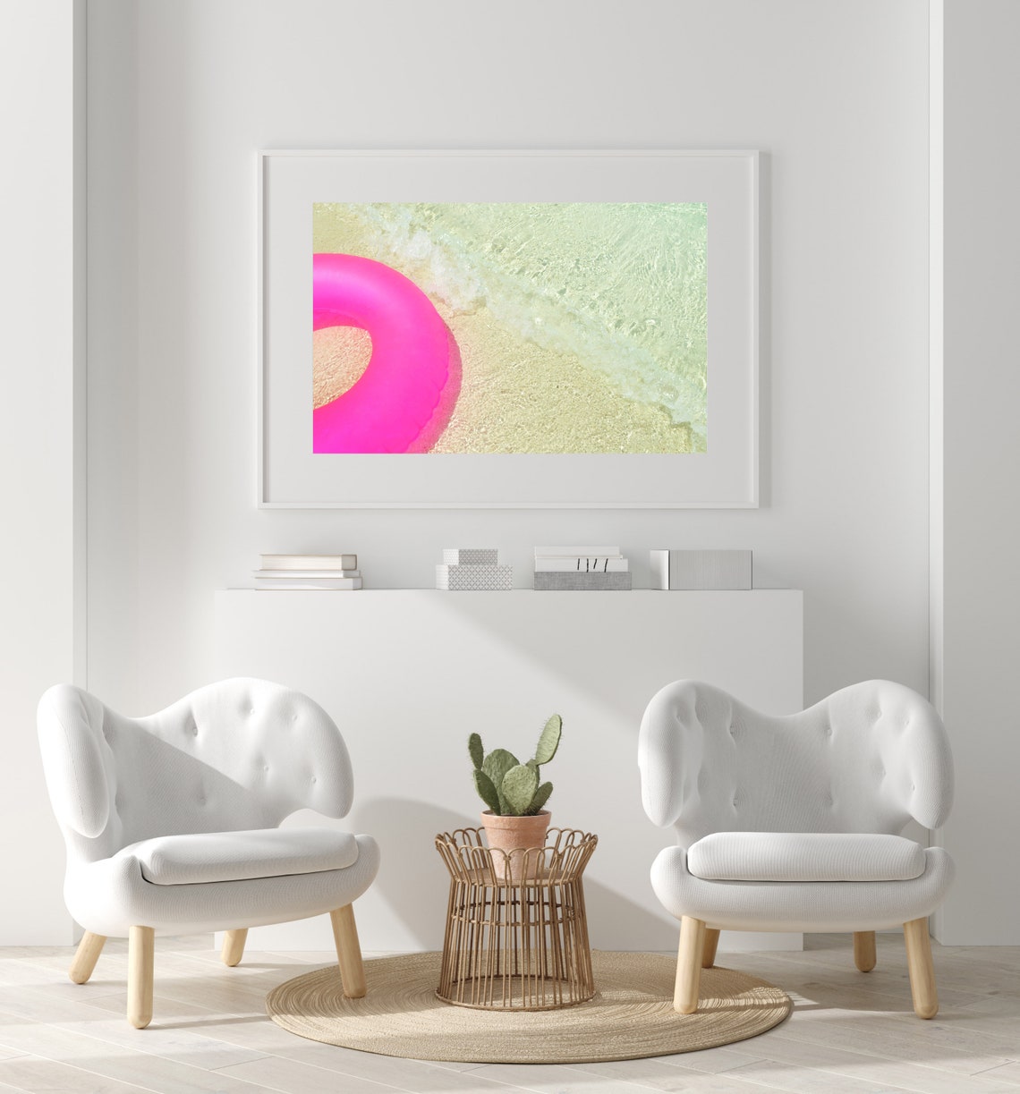 Hot Pink Pool Float Ring on the Edge of the Beach Shore Poster - Image 2