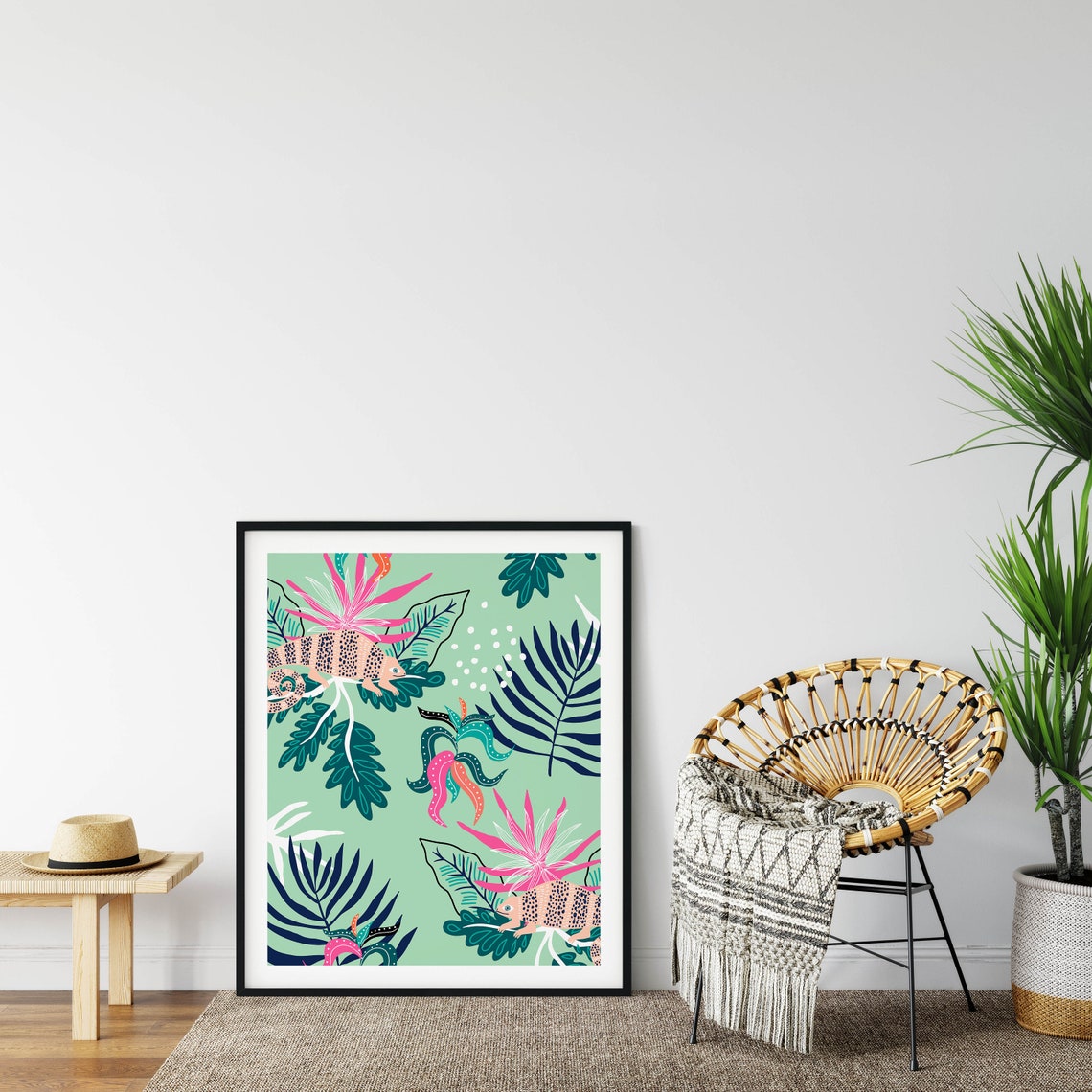 Playful Chameleon Illustration with Tropical Leaves on Green Poster - Image 3