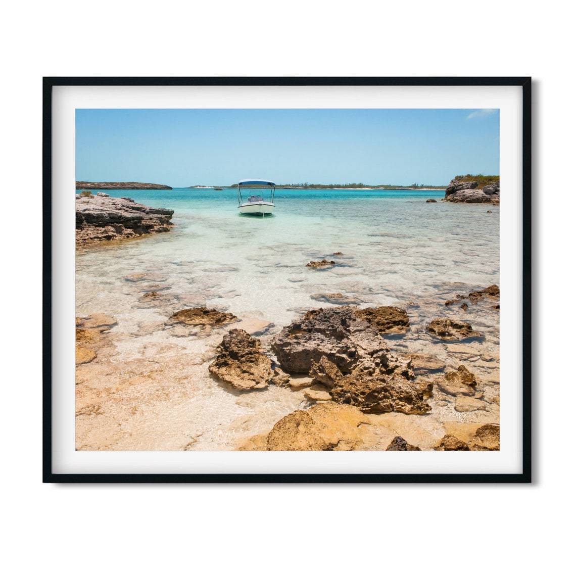Anchored Boat in Crystal Clear Shallow Water Rocky Cove Poster - Image 2