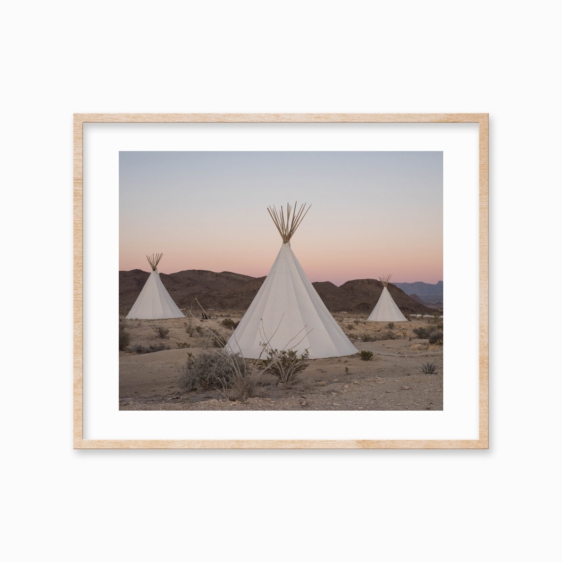 Three White Tipis Standing in Quiet Desert at Soft Dusk Poster