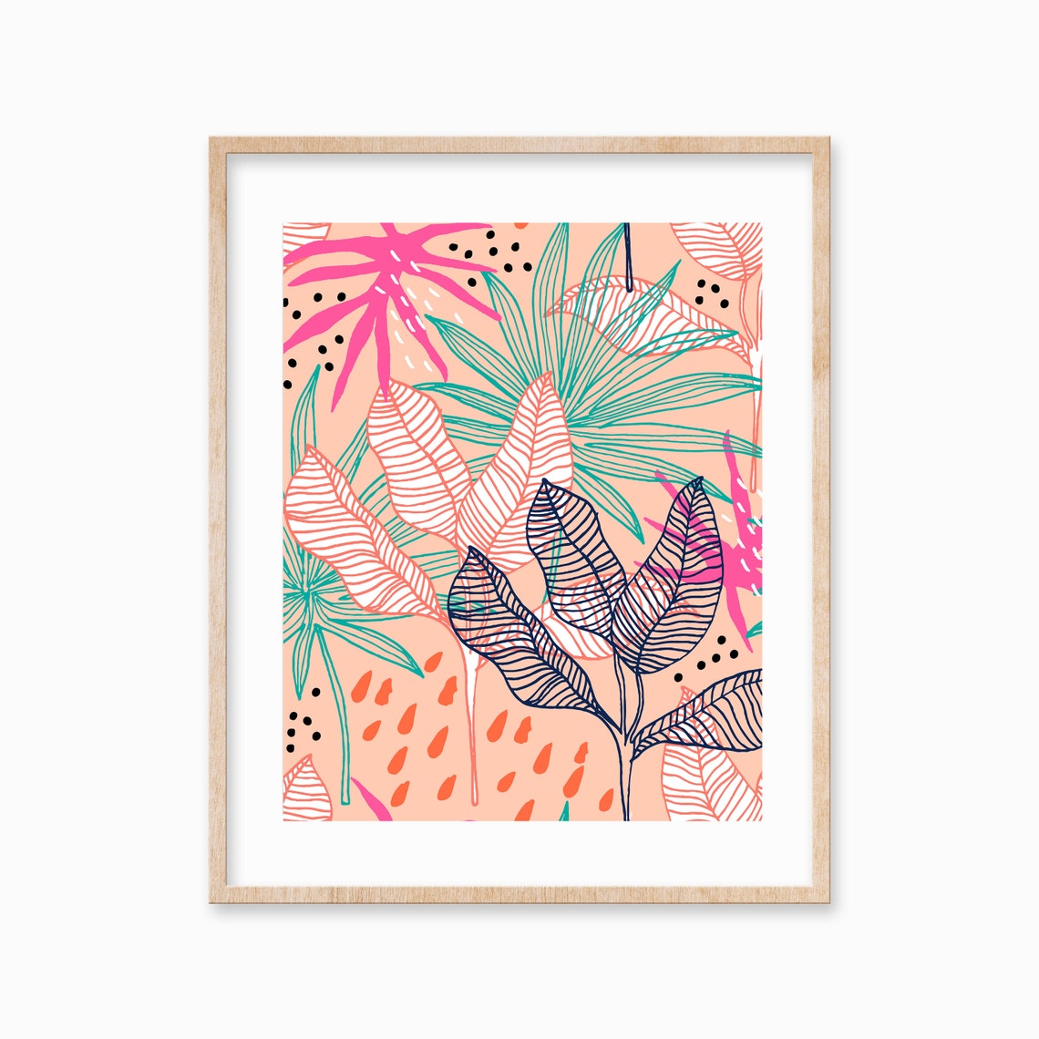 Tropical Leaves Line Art Peach Botanical Foliage Pattern Poster