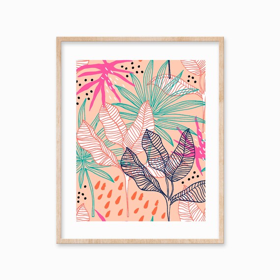 Exotic Flowers Wall Decor Tropical Leaf Nature Art Foliage Living Room Art Gifts For Her Apricot Beige