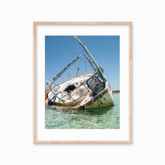 Beached Sailboat Wreck in Shallow Turquoise Island Water Poster