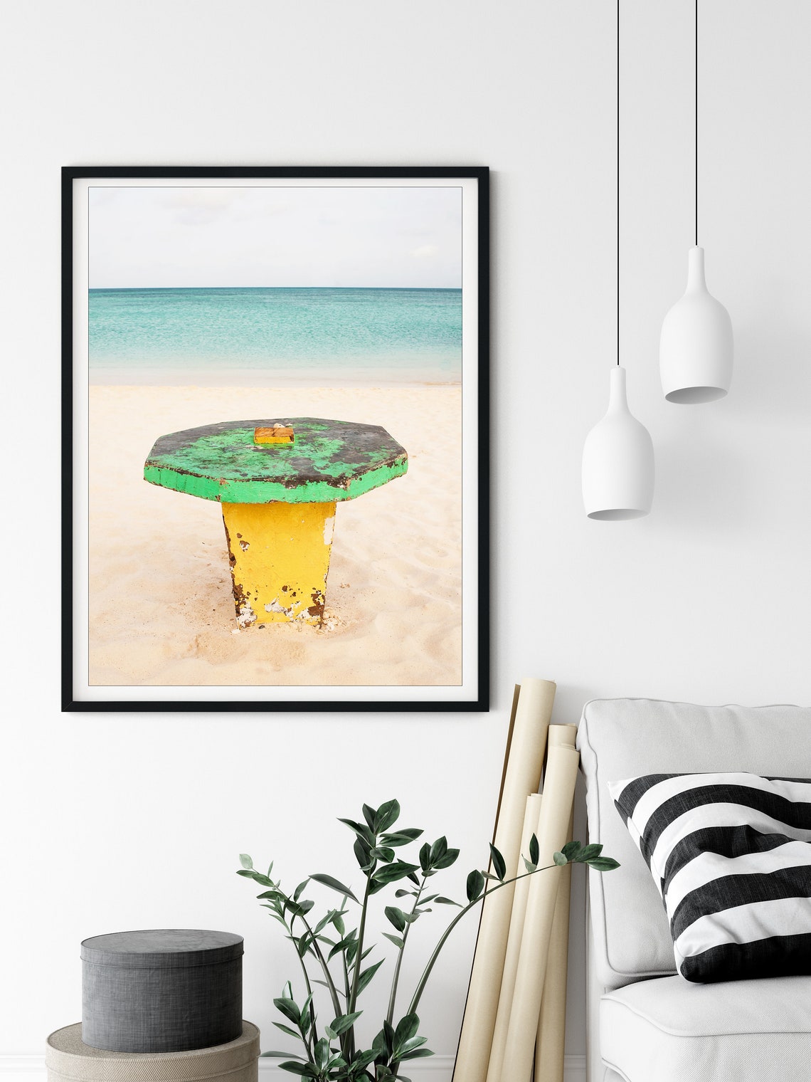 Weathered Green Yellow Table on White Sand Beach Shore Poster - Image 2