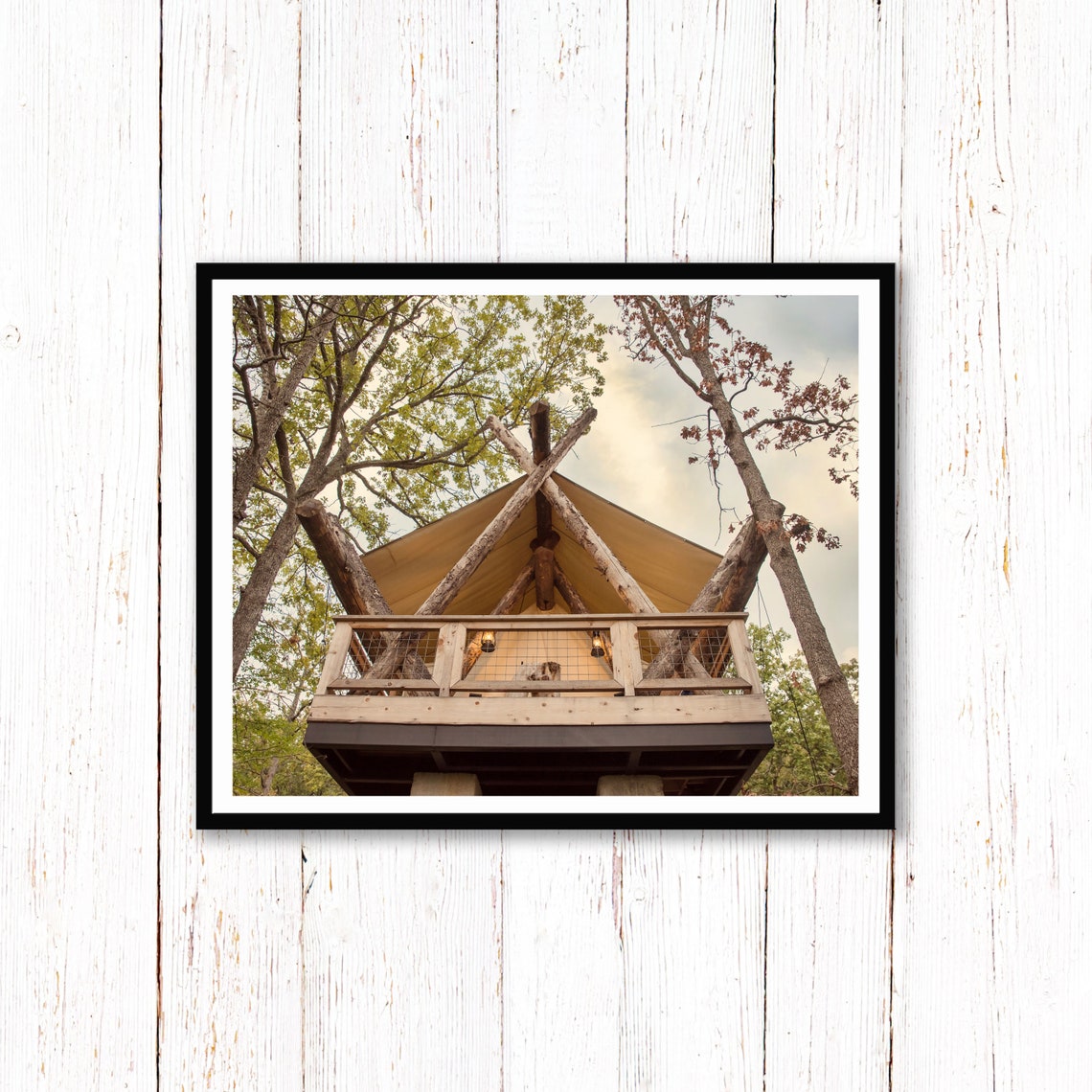 Glamping Tent Platform on Wooden Beams in Green Forest Trees Poster - Image 2