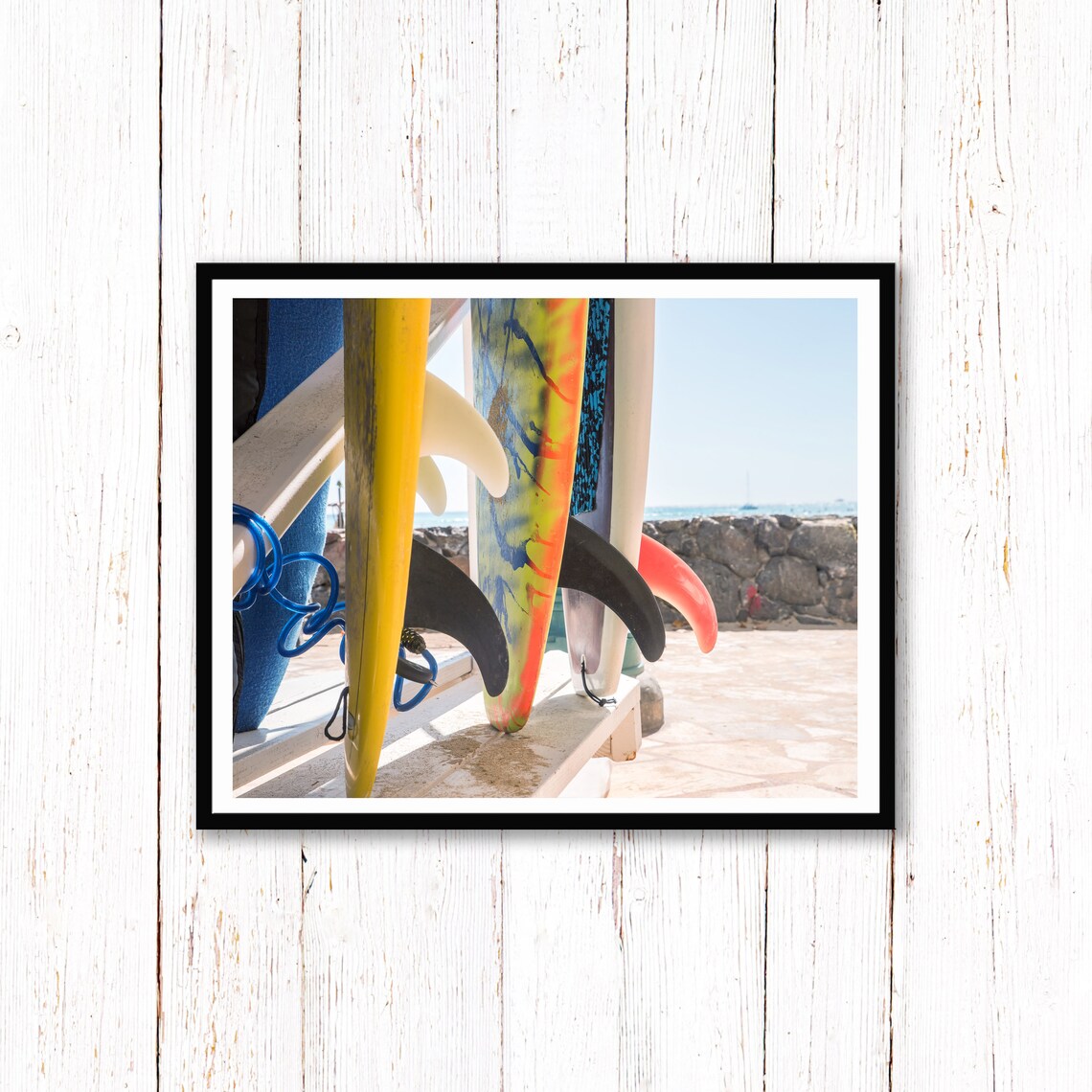 Colorful Surfboards on Beach Rack Fins Close Up Surf Shop Photography Poster - Image 2