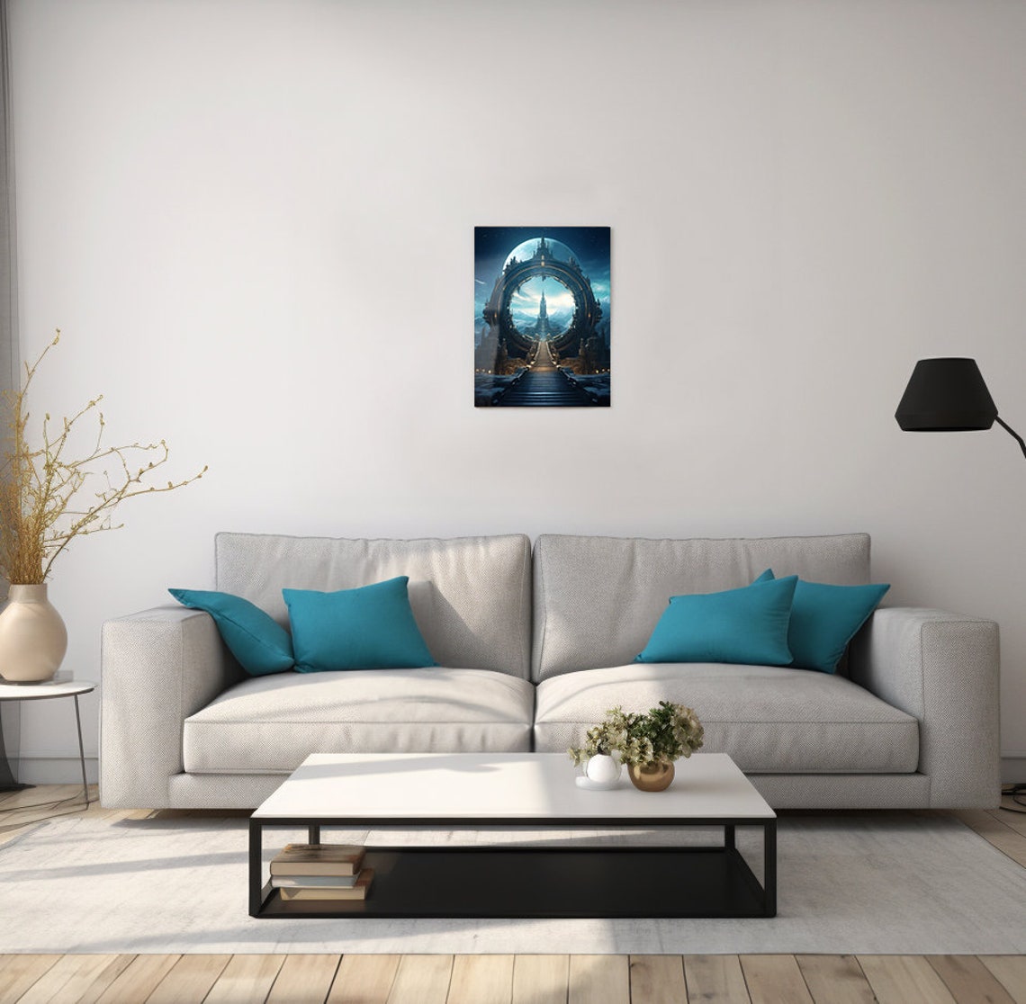 Circular Ring City Sci Fi Portal Gateway Moonlit Mountain Realm Poster - Image 2