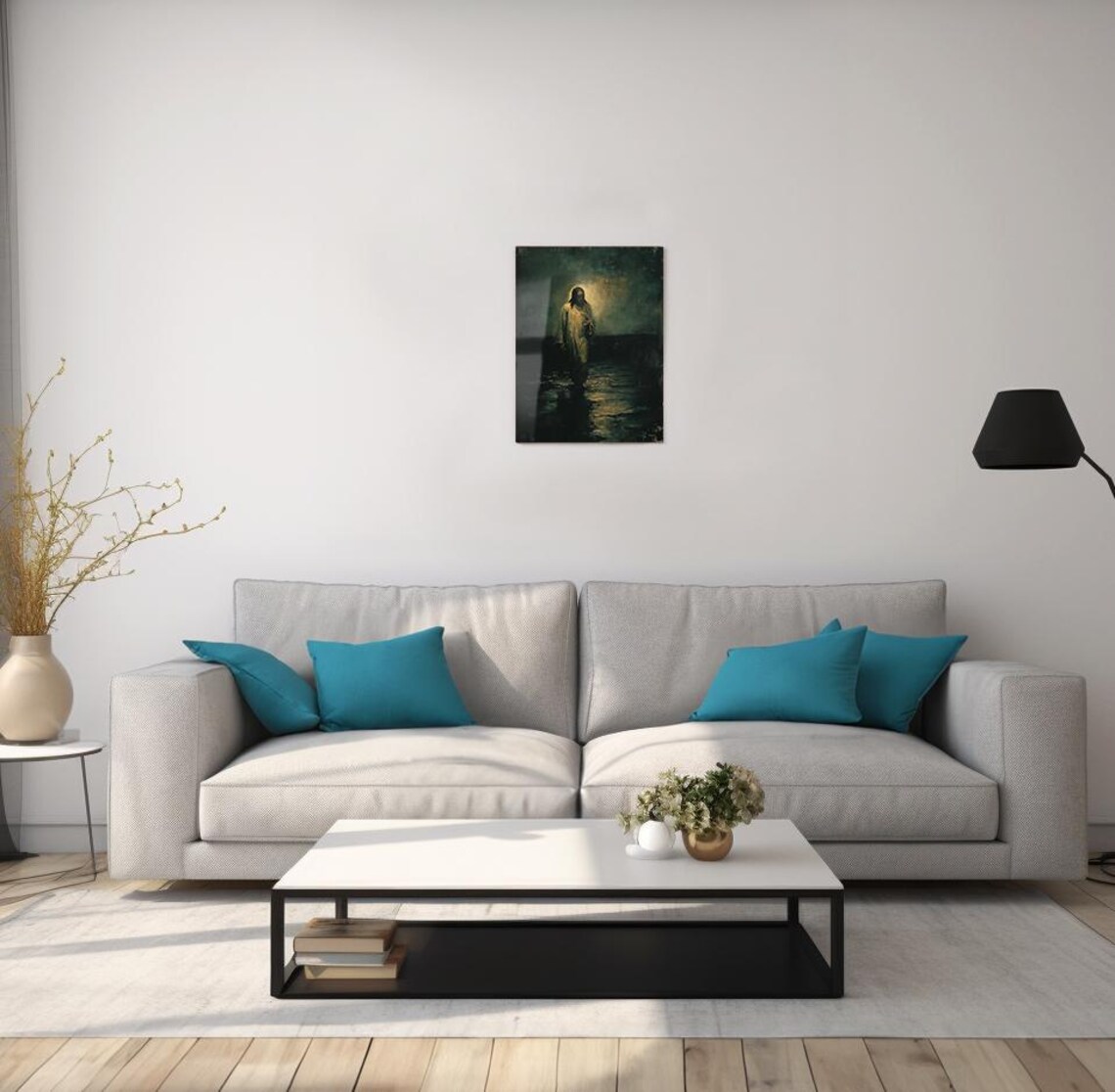 Jesus Walking On Dark Waters Glowing Halo Light Oil Painting Art Poster - Image 2
