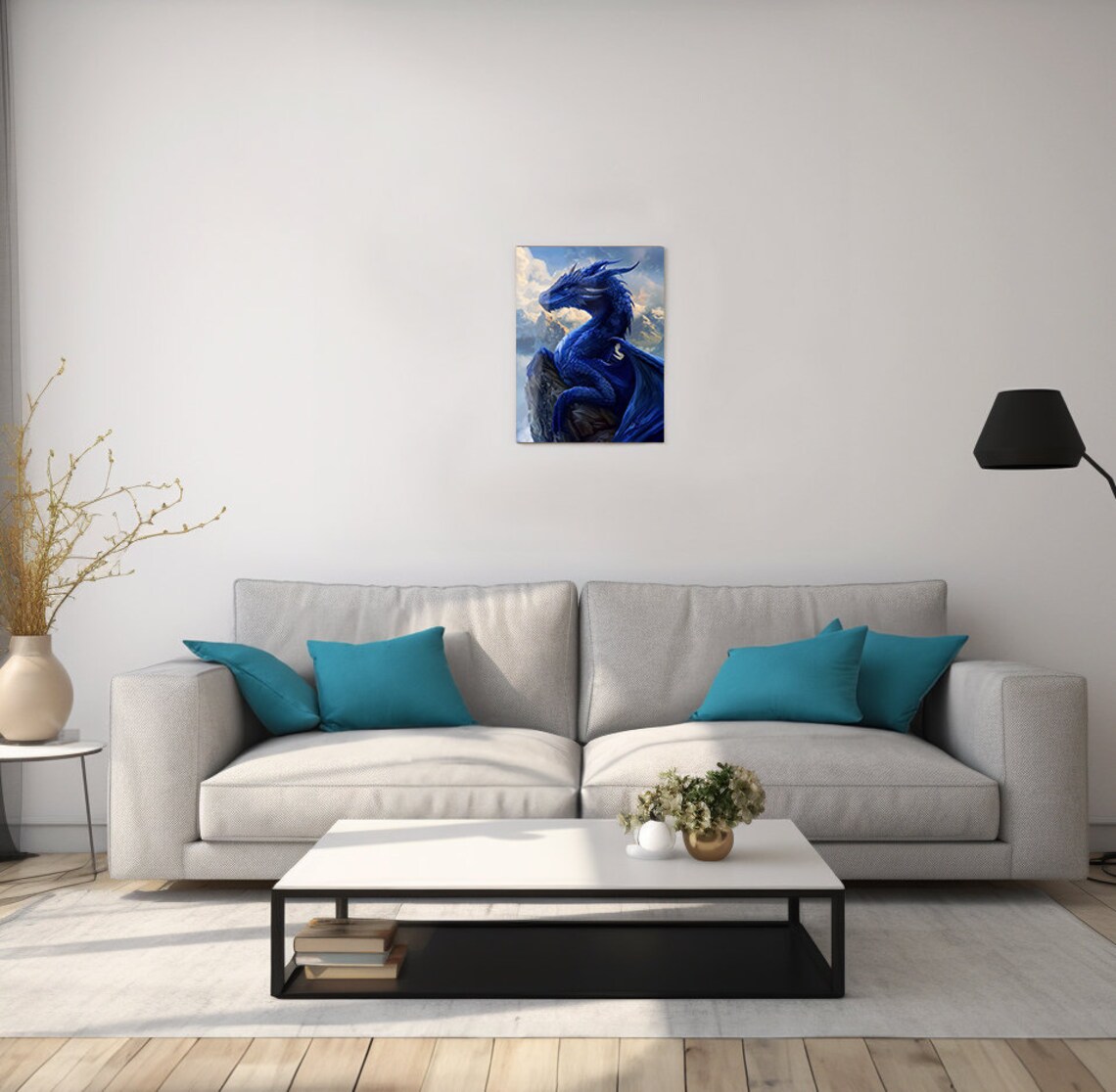 Sapphire Blue Dragon On Mountain Cliff Detailed Scale Fantasy Art Poster - Image 2