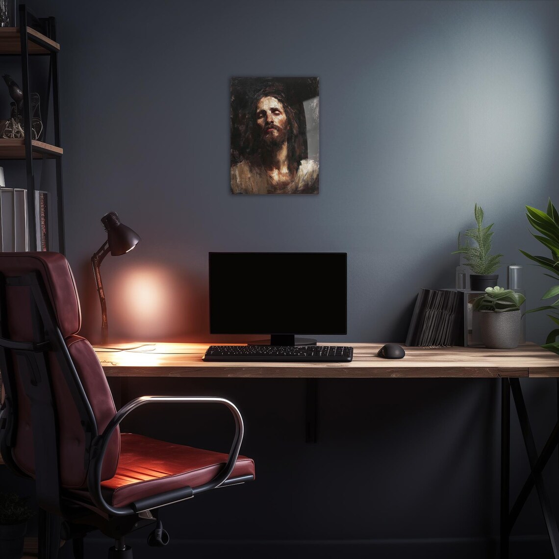 Jesus Christ Dark Oil Portrait Closed Eyes Suffering Religious Art Poster - Image 2