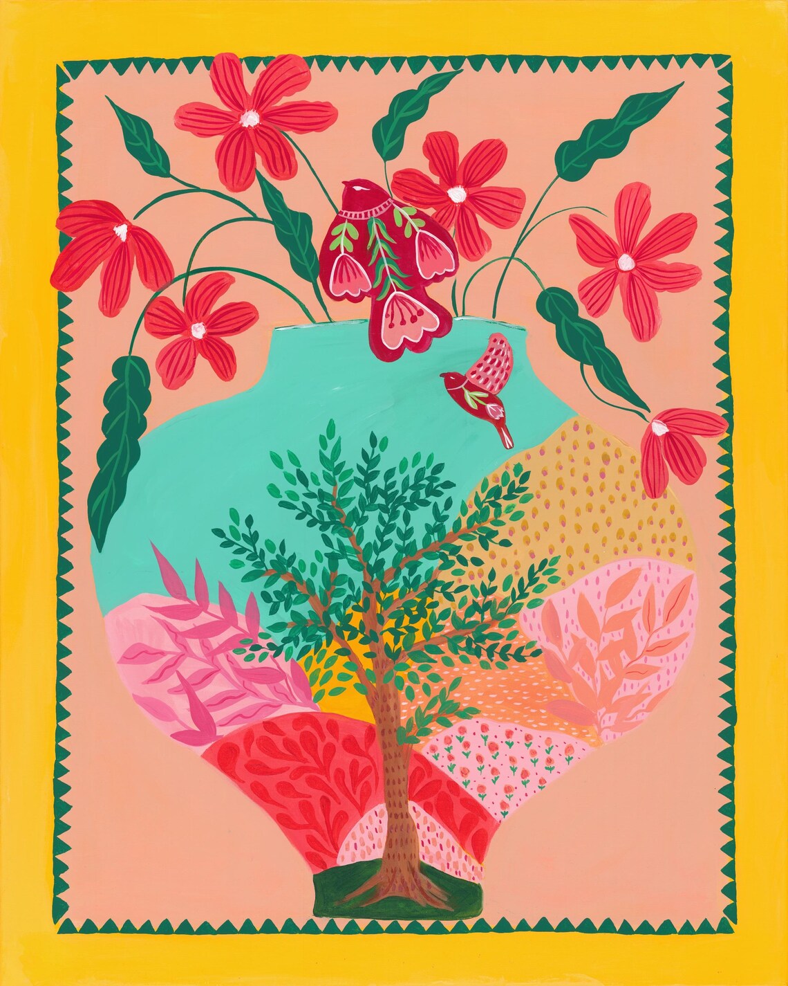 Colorful Folk Art Birds Tree of Life Vase Flower Framed Art Print - Image 3