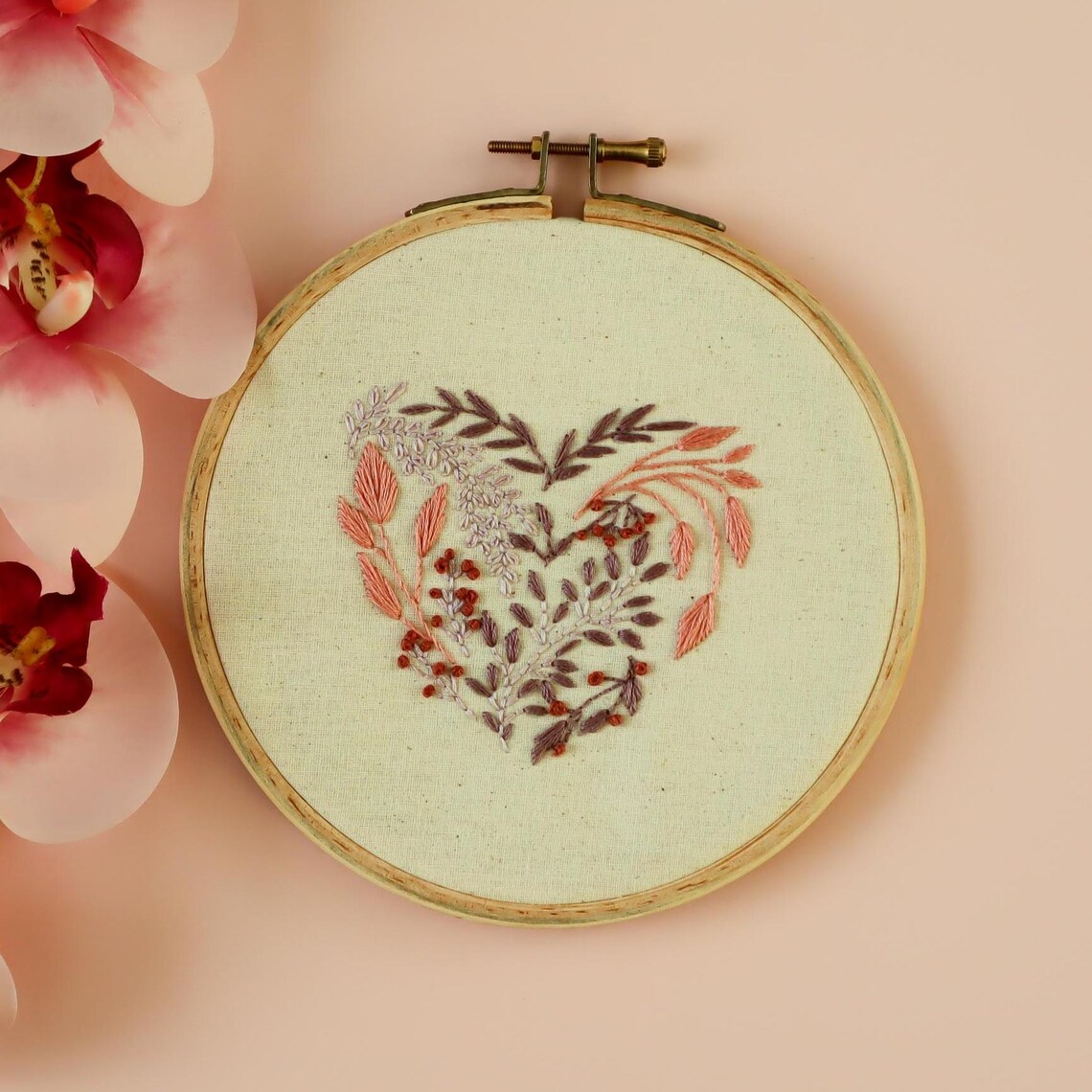 Heart Floral Embroidery Kit Pink Purple Botanical Hoop DIY Craft Kit