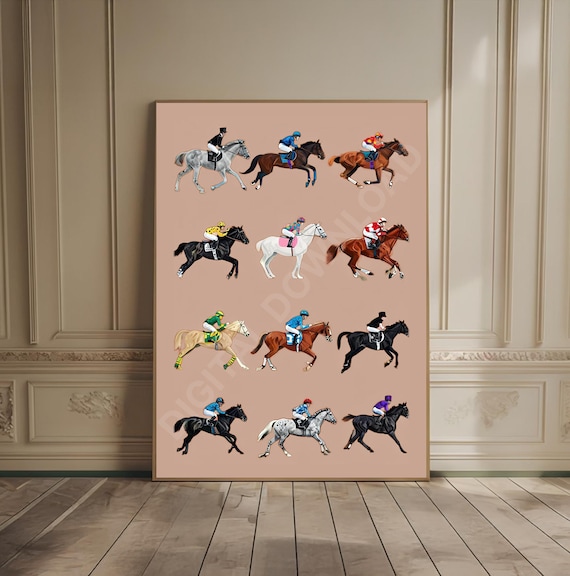 Racehorses With Jockeys Grid Vintage Equestrian Racing Art Poster