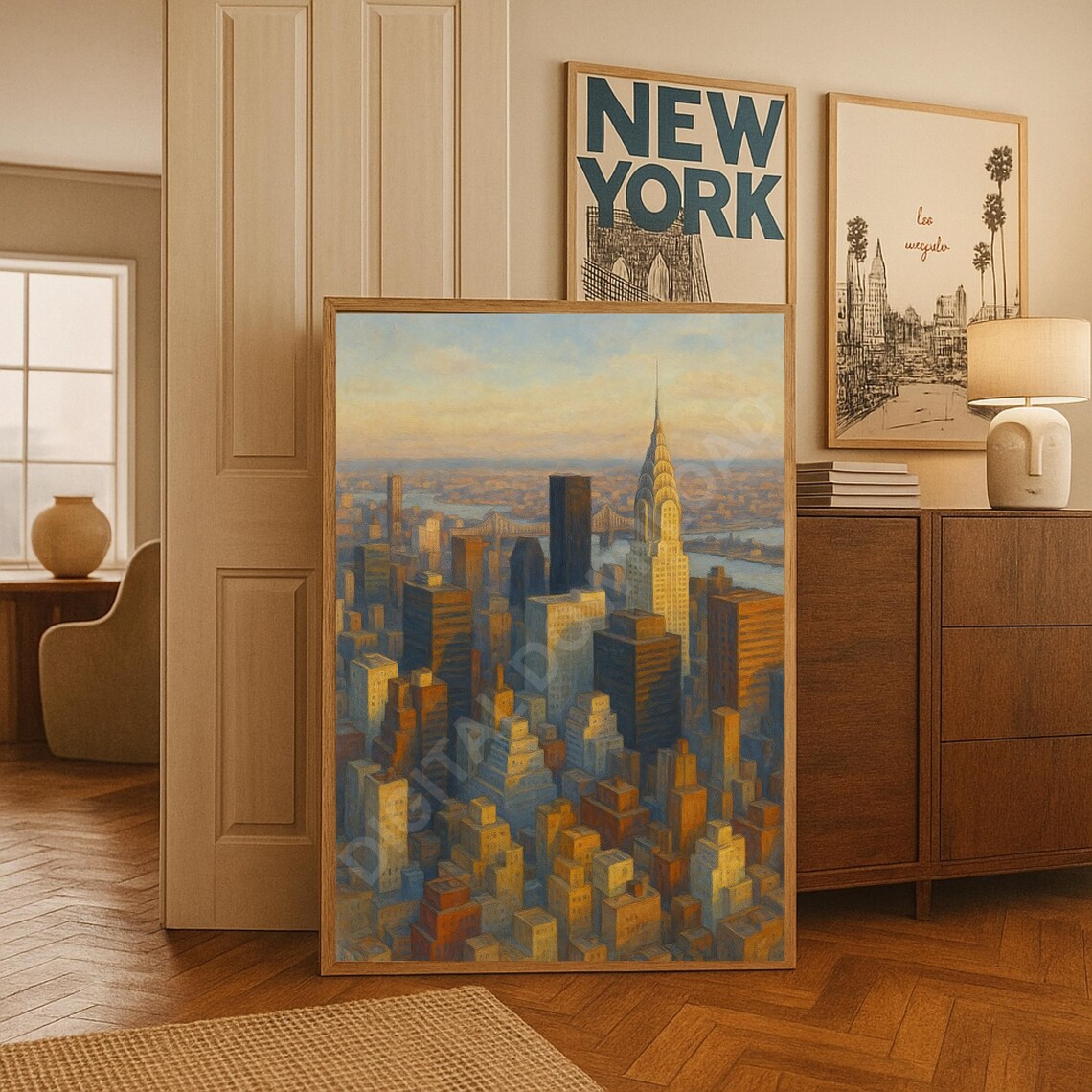NYC Skyline Golden Hour Chrysler Building Oil Painting Poster