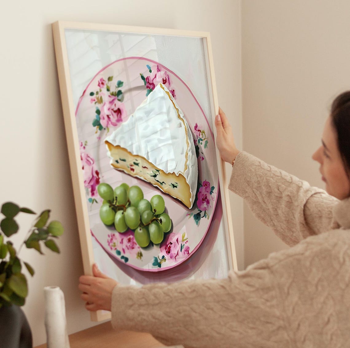 Brie Cheese Wedge Grapes Floral Plate Gourmet Still Life Wall Poster - Image 4
