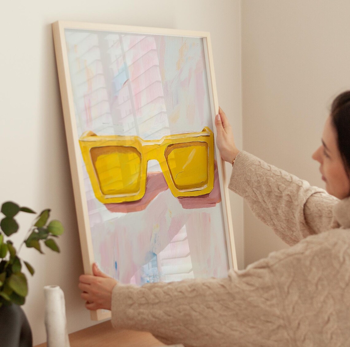 Yellow Retro Sunglasses Pop Art on Pink Pastel Background Funky Wall Poster - Image 3