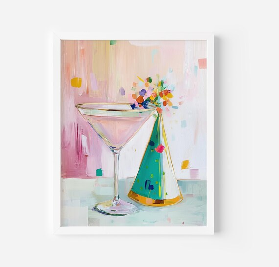 Pink Martini Glass and Party Hat Confetti Festive Bar Cart Decor Poster