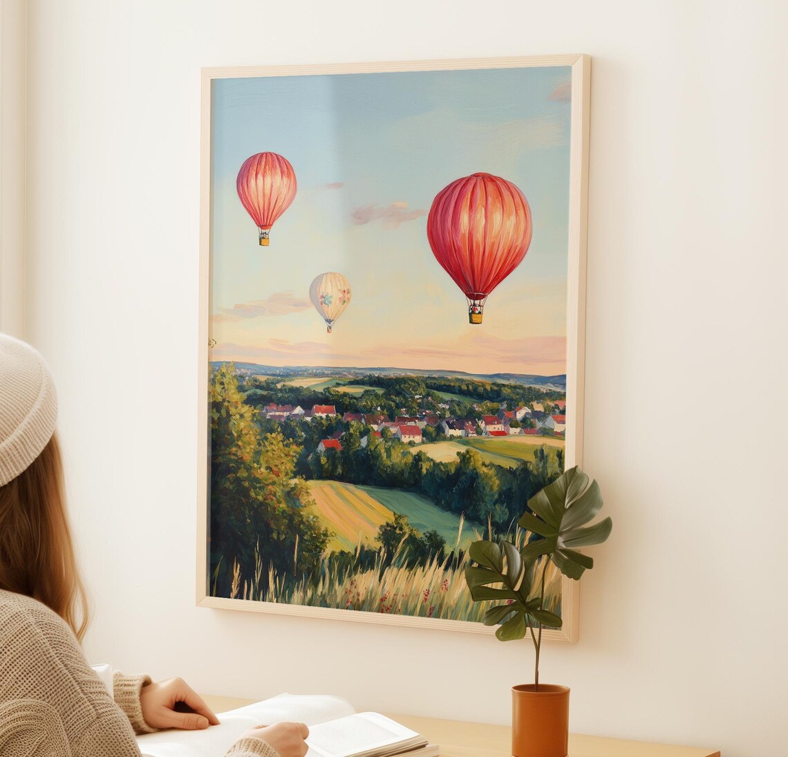 Hot Air Balloons Over Village Sunset Rolling Hills Golden Sky Poster - Image 2
