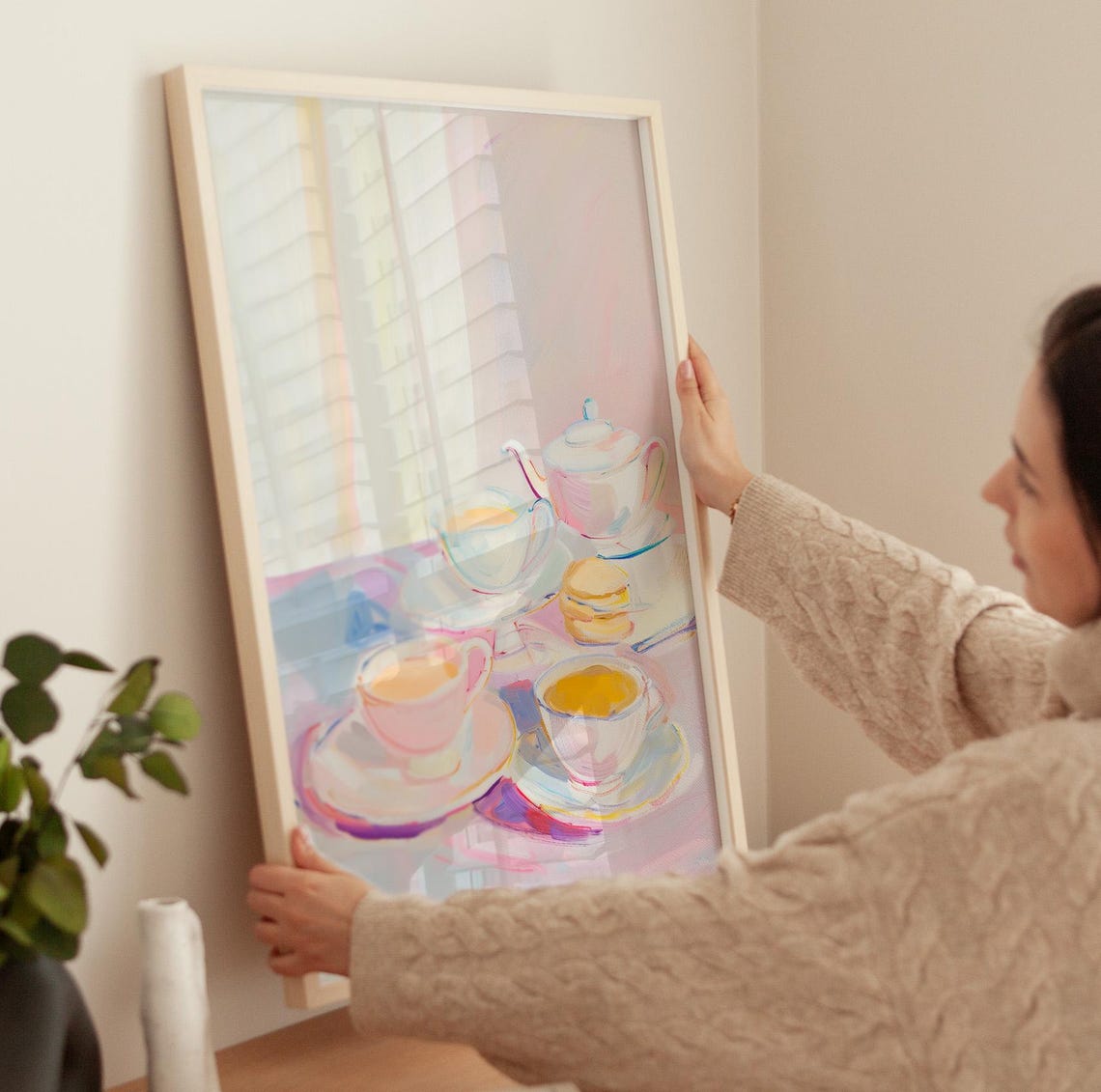 Pastel Tea Set Still Life Painting Soft Teapot Cups Kitchen Poster - Image 3