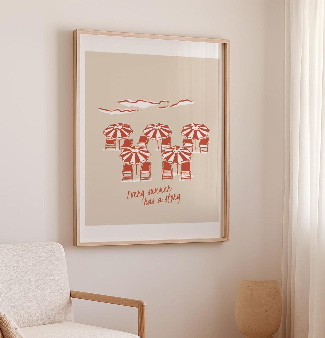 Every Summer Has A Story Print Red Beach Umbrellas Loungers Retro Art - Image 4