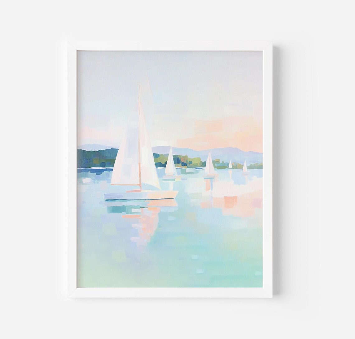 Sailboats On Calm Water Pastel Regatta Seascape Painting Poster