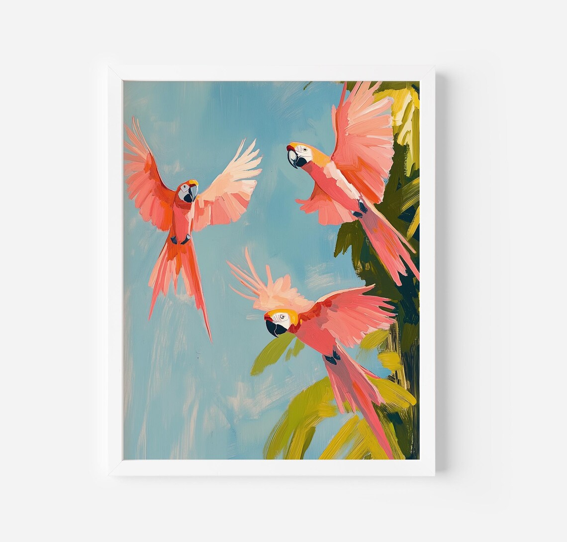 Botanical Parrot Jungle Art Print, Tropical Boho