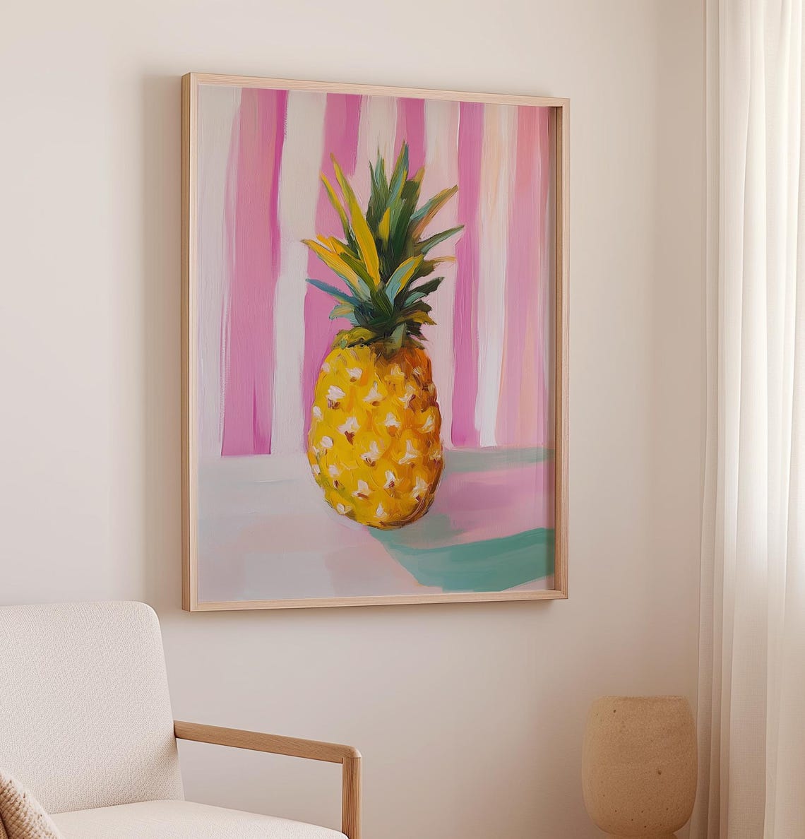 Golden Pineapple On Pink Striped Background Tropical Art Poster - Image 2