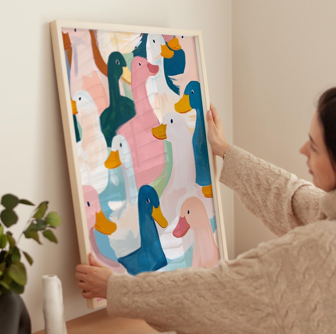 Happy Crowd Of Colorful Pastel Ducks Whimsical Animal Art Poster - Image 3