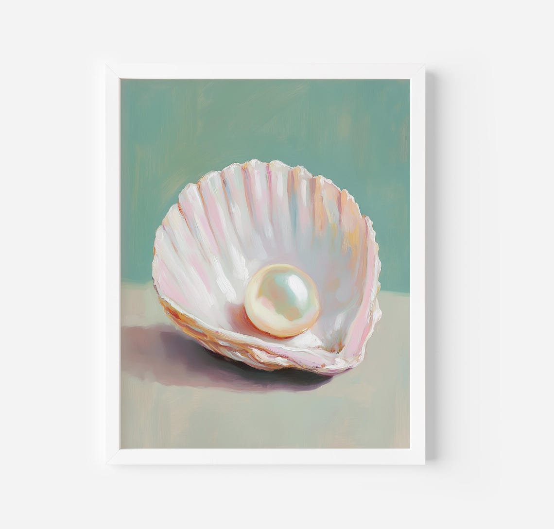 Elegant Pearl In Oyster Shell Coastal Still Life Wall Art Poster
