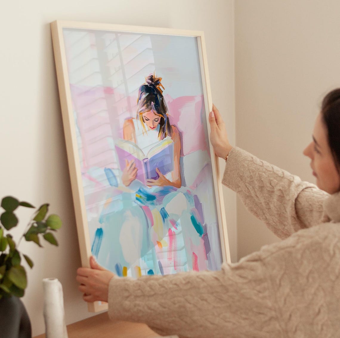 Reader in Bed Pink Blanket Morning Book Pastel Painting Poster - Image 3
