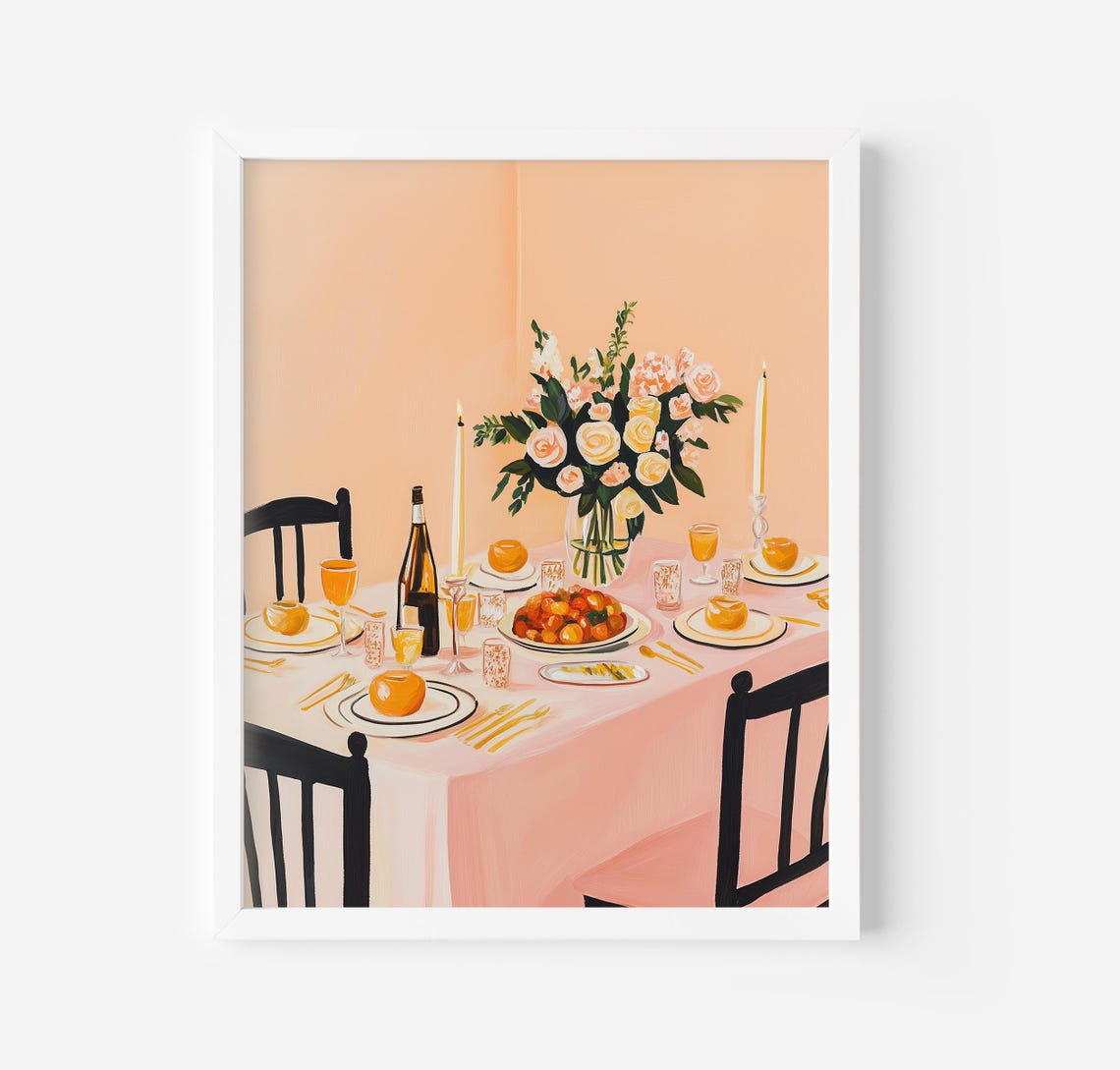 Pink Thanksgiving Feast Table With Turkey And Roses Holiday Poster