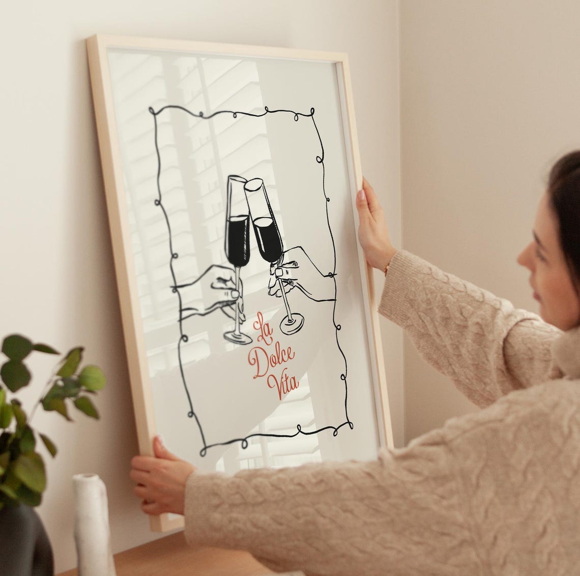 La Dolce Vita Cheers Hands Clinking Wine Glasses Retro Line Poster - Image 4