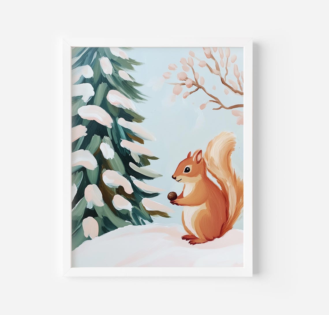 Cute Squirrel With Nut In Snowy Winter Woodland Scene Art Poster