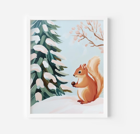 Cute Snowy Squirrel Painting Soft Colours Winter Squirrel Trendy Winter Poster Winter Wall Art Christmas Home Decor Art