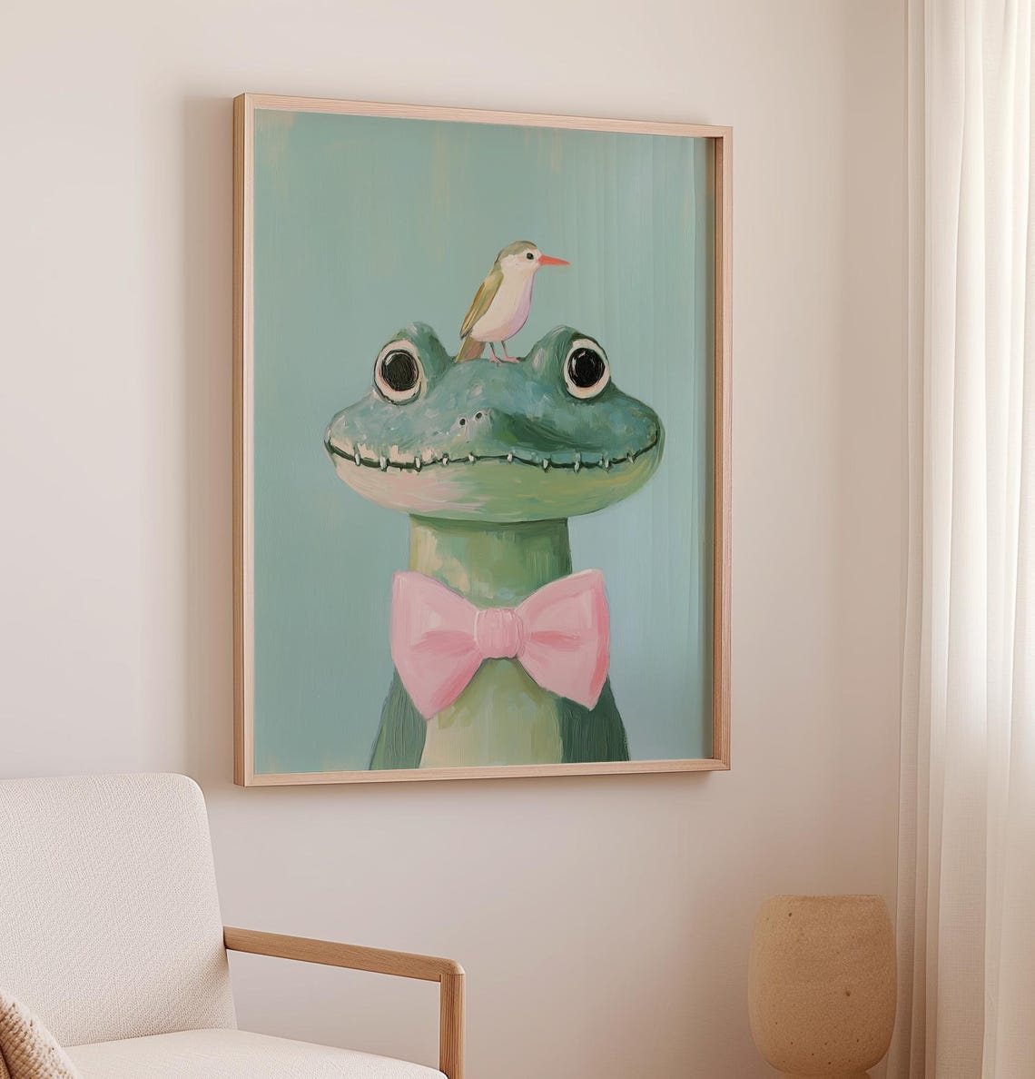 Cute Crocodile With Pink Bow Tie And Bird Nursery Art Poster - Image 3
